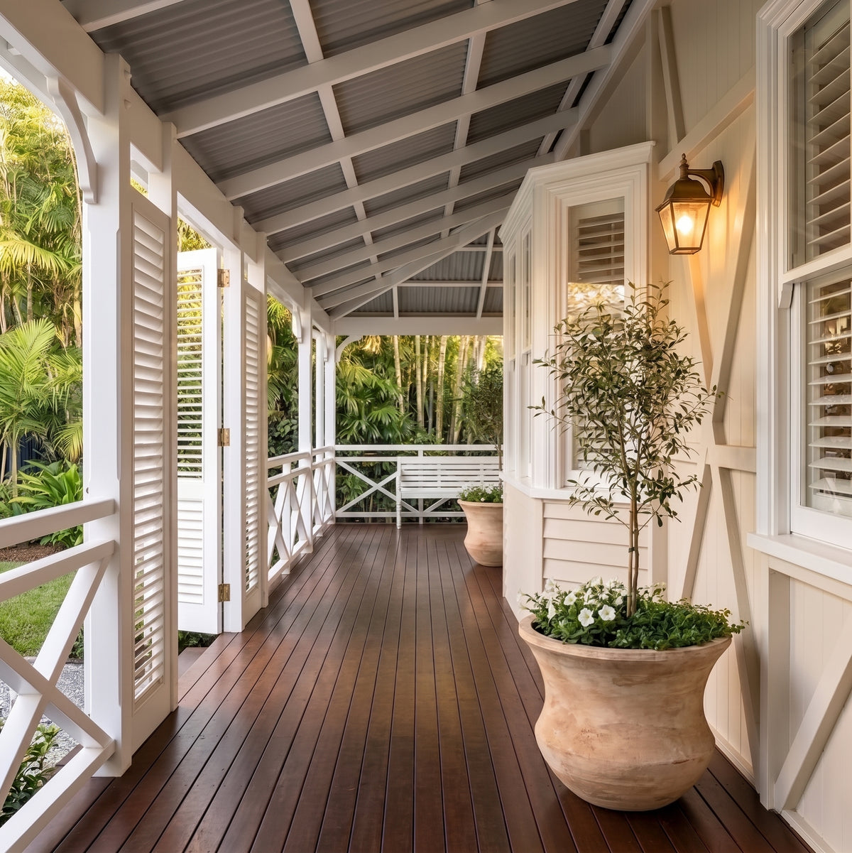 Large Lucinda flared pot with potted olive tree on Queenslander deck
