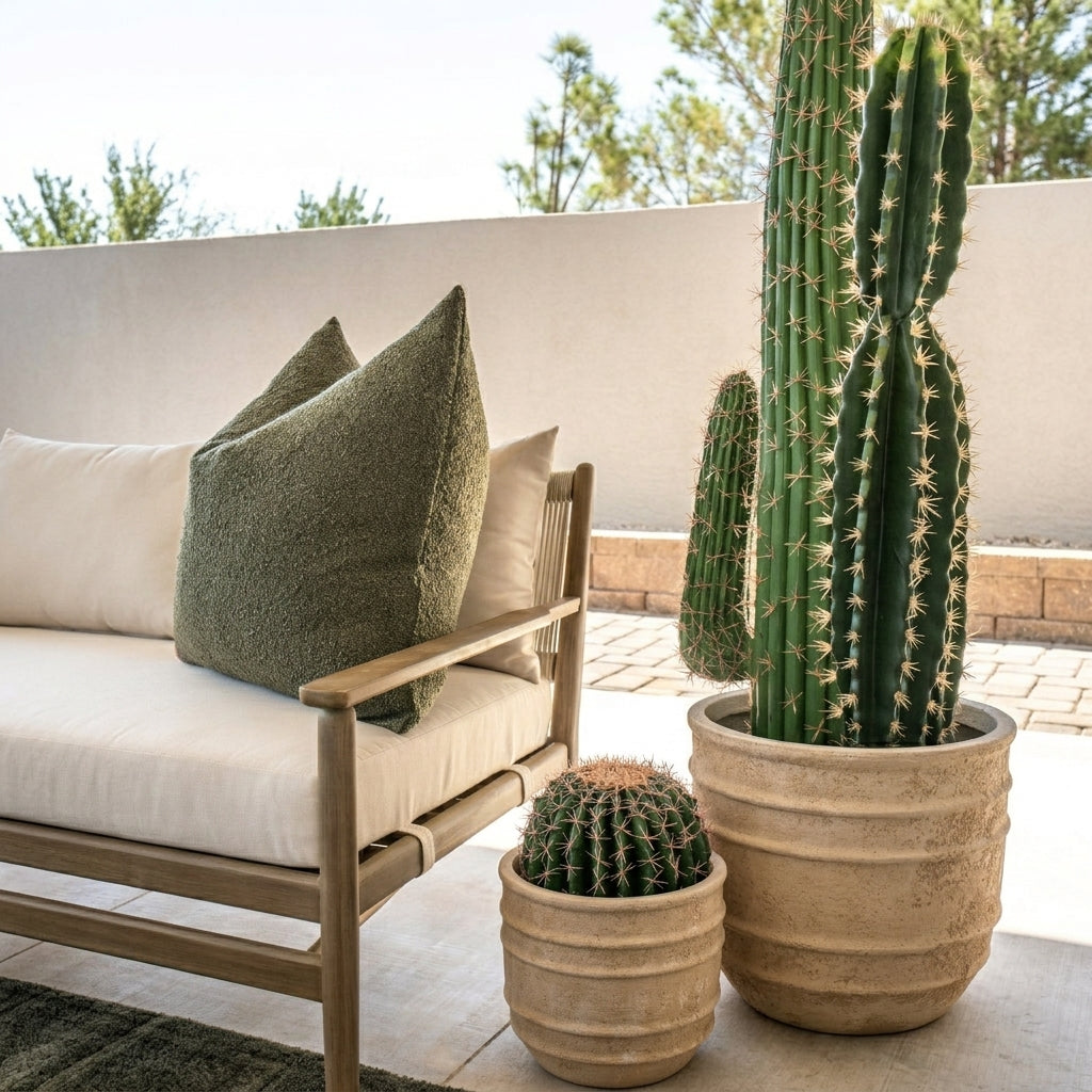 Large antique terracotta Olympic pot with columnar cactus next to outdoor timber seating