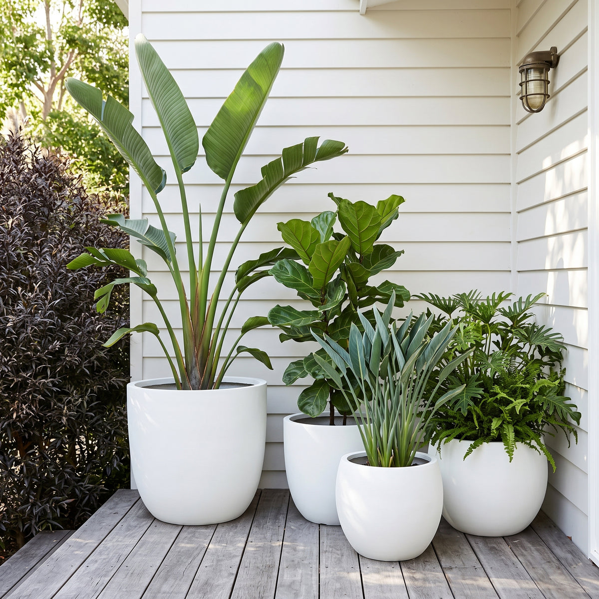 Asher pure white egg planters cluster styled with potted greenery on modern outdoor patio