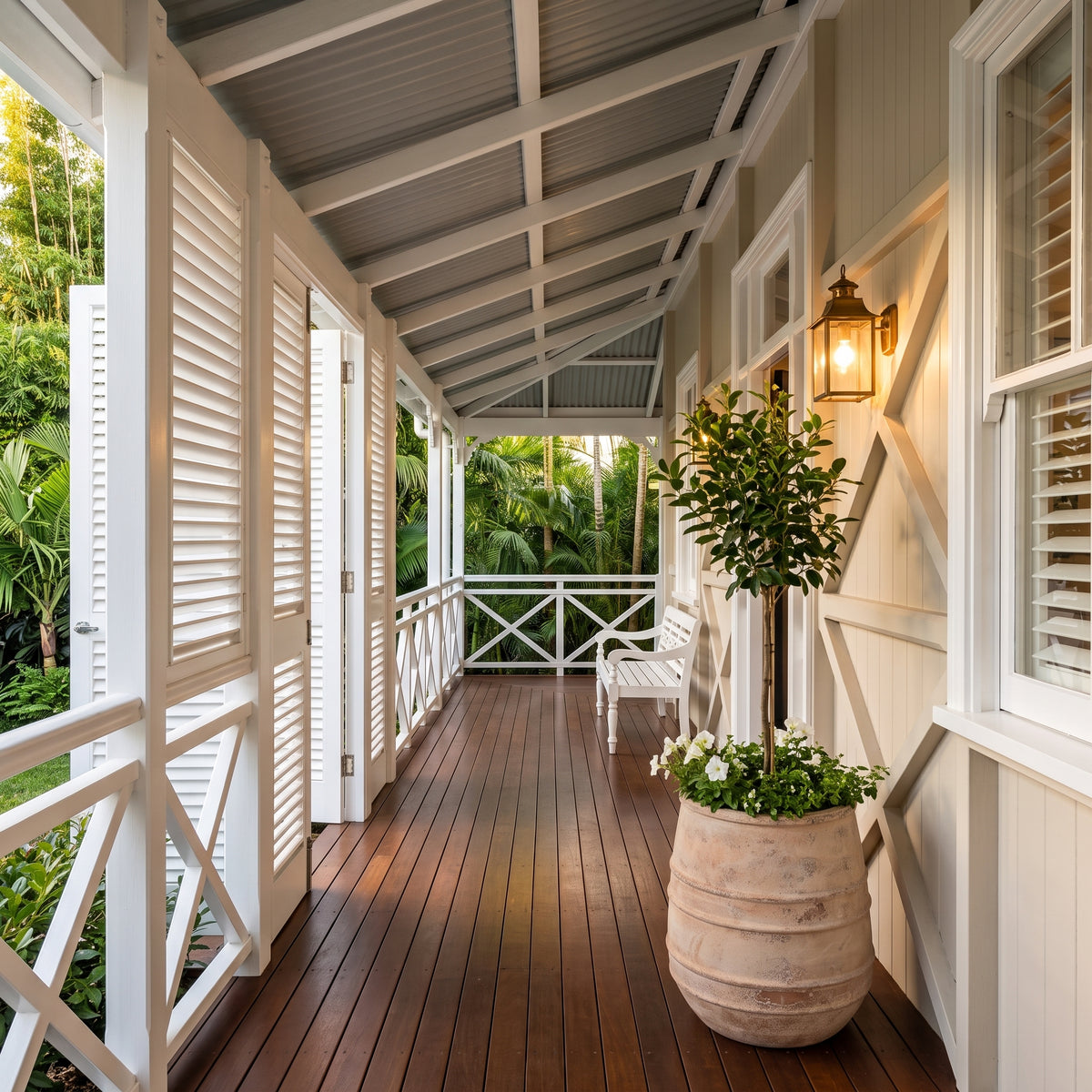 Antique terracotta belly pot with potted plant on a classic Queenslander timber verandah