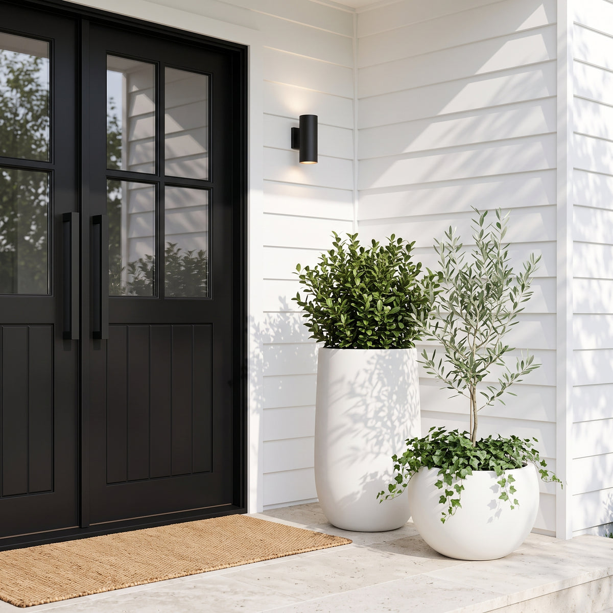 Asher pure white tall U-pot styled at front entrance porch of Queenslander home