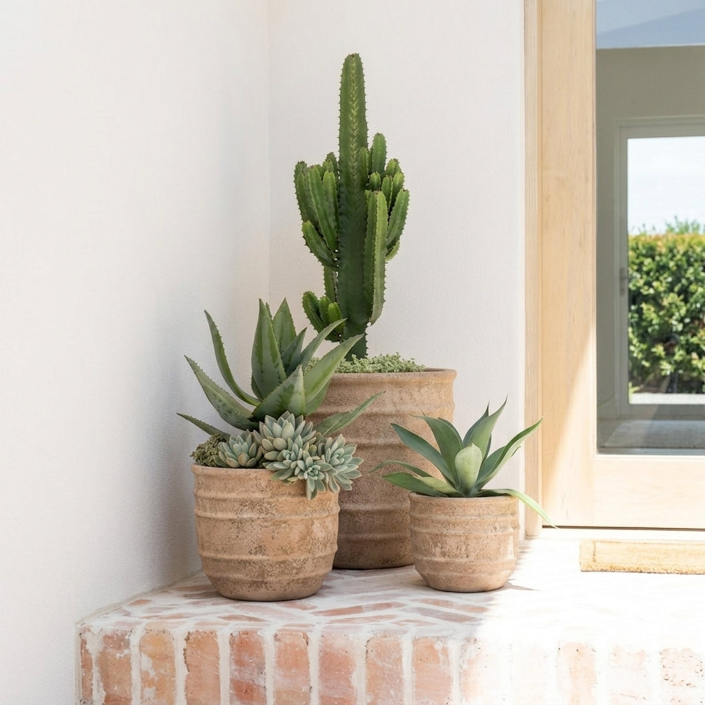 Smal, medium and large antique terracotta Olympic pots styled with cacti on tile flooring
