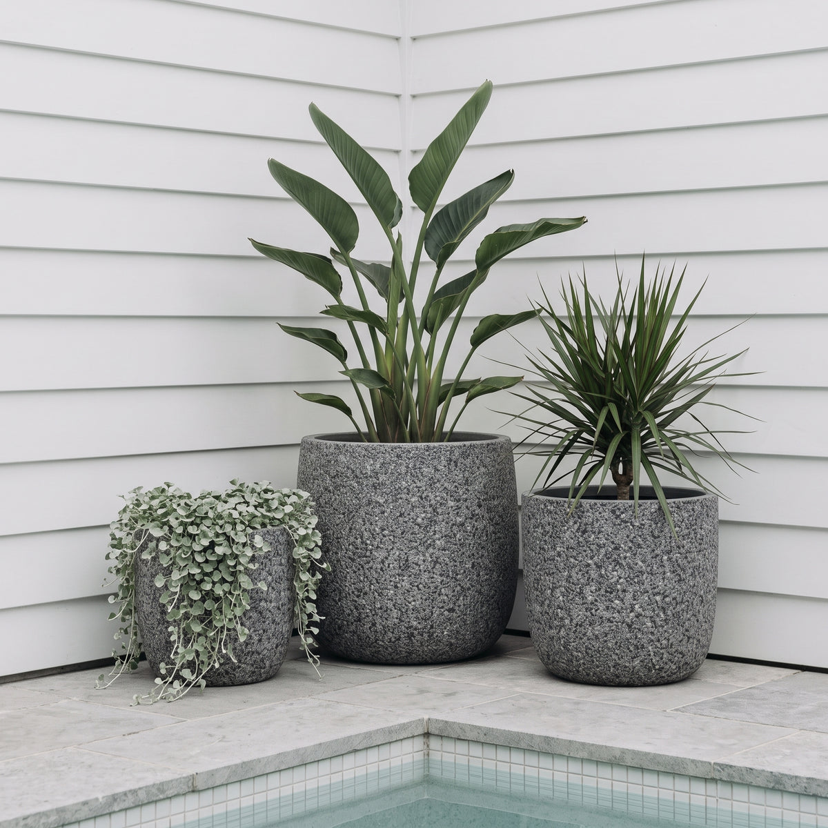 Prague Grey Pebble round egg planters styled with lush greenery on outdoor patio