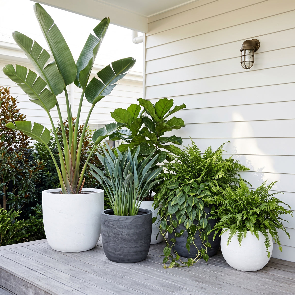 Asher pure white egg planters styled with tropical plants on Queenslander timber deck