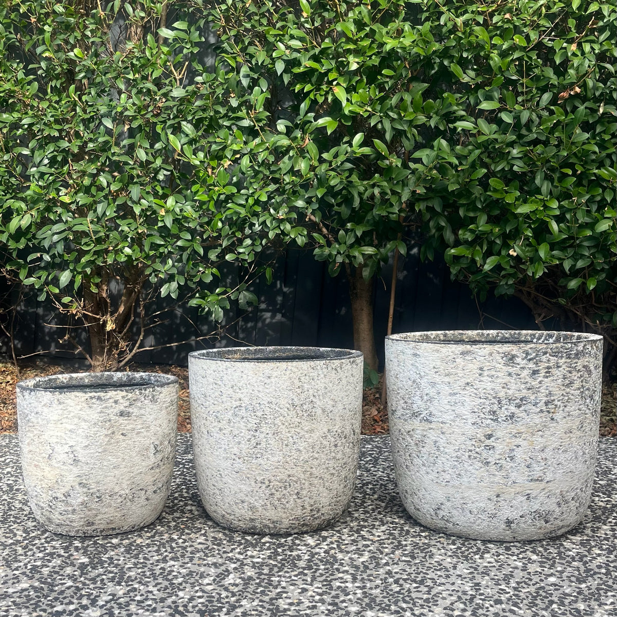 Pair of textured Prague Atlantic White egg planters displayed outdoors on gravel