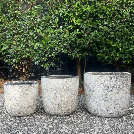 Pair of textured Prague Atlantic White egg planters displayed outdoors on gravel