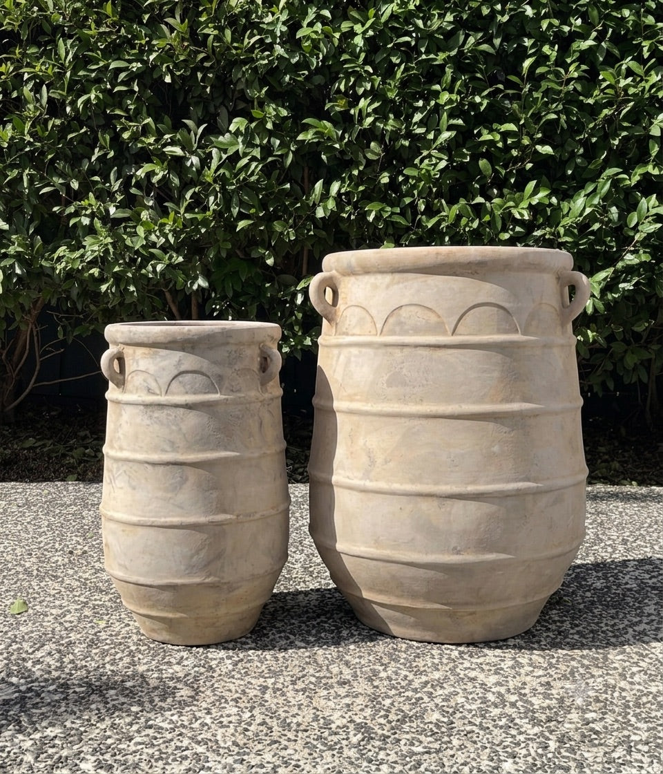 Antique terracotta Apollo urn planters duo set in 56cm and 70cm sizes