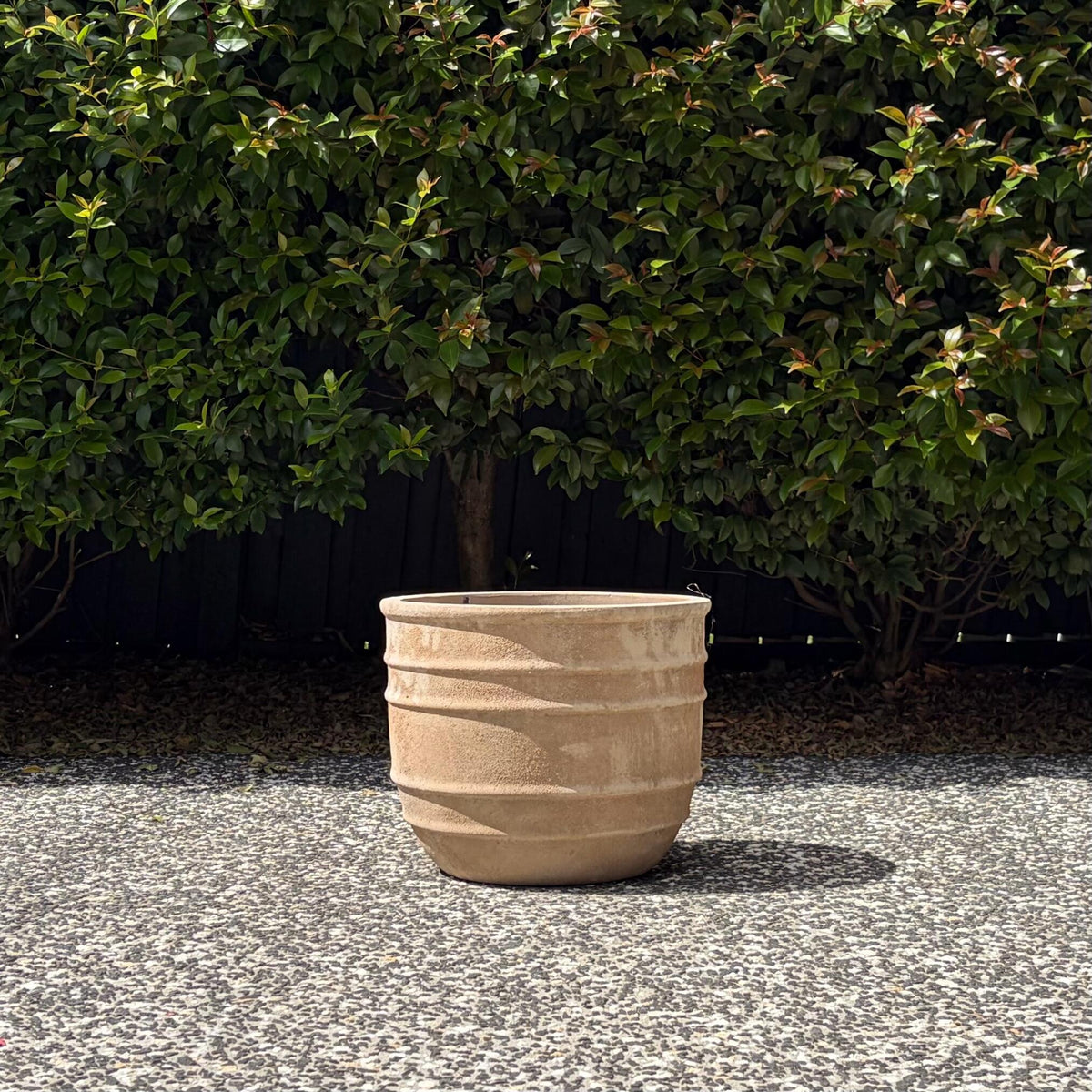 Large antique terracotta Olympic planter highlighting horizontal ring detailing