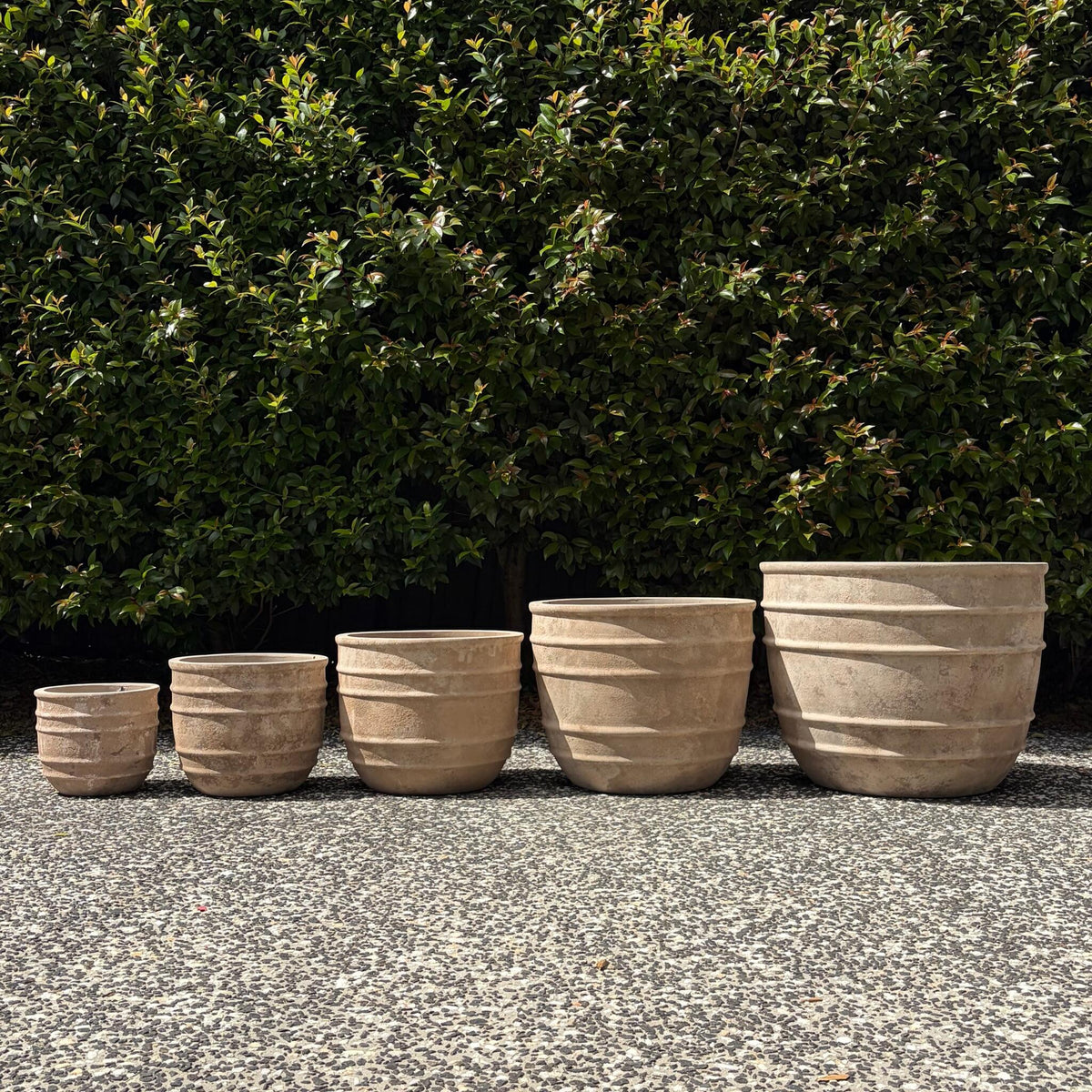 Complete size range of antique terracotta Olympic planters XS to XL in garden lineup