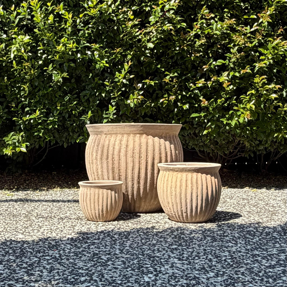 Trio cluster of antique terracotta Palermo threads curved belly pots in garden