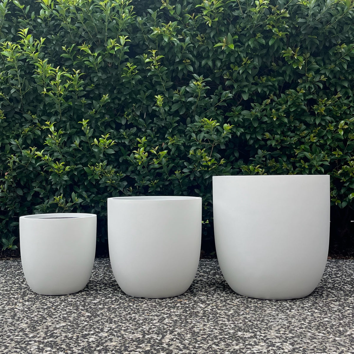 Lineup of Small, Medium and Large Asher pure white egg planters against garden backdrop